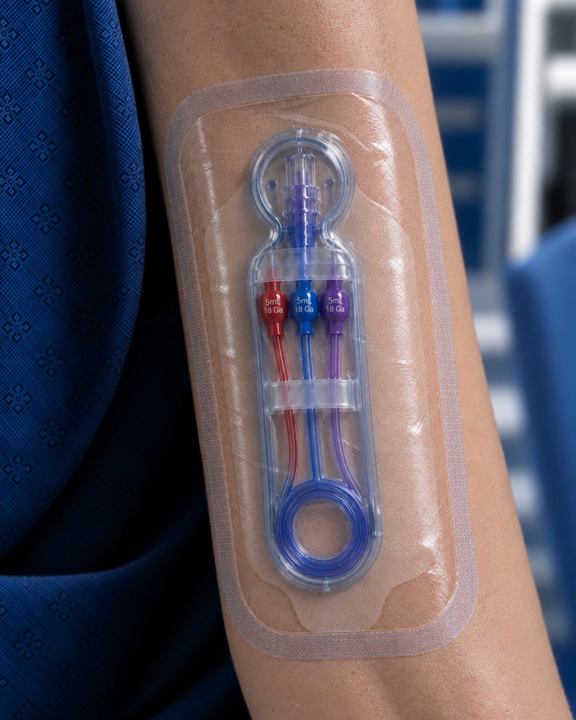 Concept render of the Clearport CP-100 worn on the upper arm over a PICC line